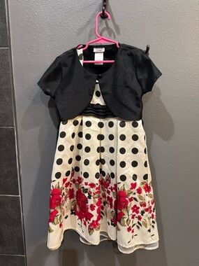 Girls Black Bolero Dress with Cream Polka Dot & Red Floral Skirt